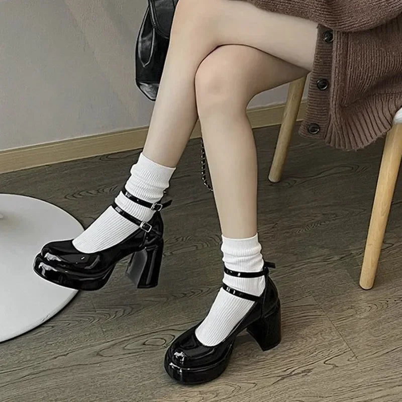 BACK TO SCHOOL 2024 High Heels Women's Spring Autumn Pumps Shoes Red Black Retro Thick Soled Mary Jane  Ankle Buckle 9cm Chunky