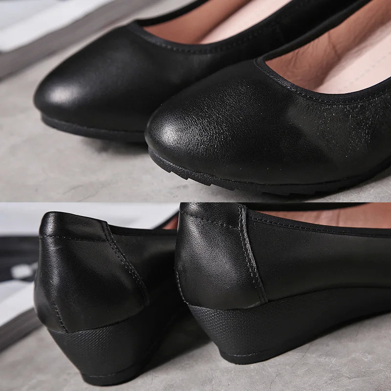 Black Shoes Women's Genuine Leather Soft Bottom Elegant Dress Shoes for Women Comfortable Wedge Heel Slip-on Shoe Flat Moccasins