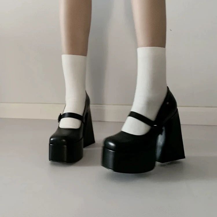 Black Mary Janes Super Thick High Heels Platforms Pumps Buckle For Women Casual Spring Summer Shallow Party Chunky Shoes Ladies