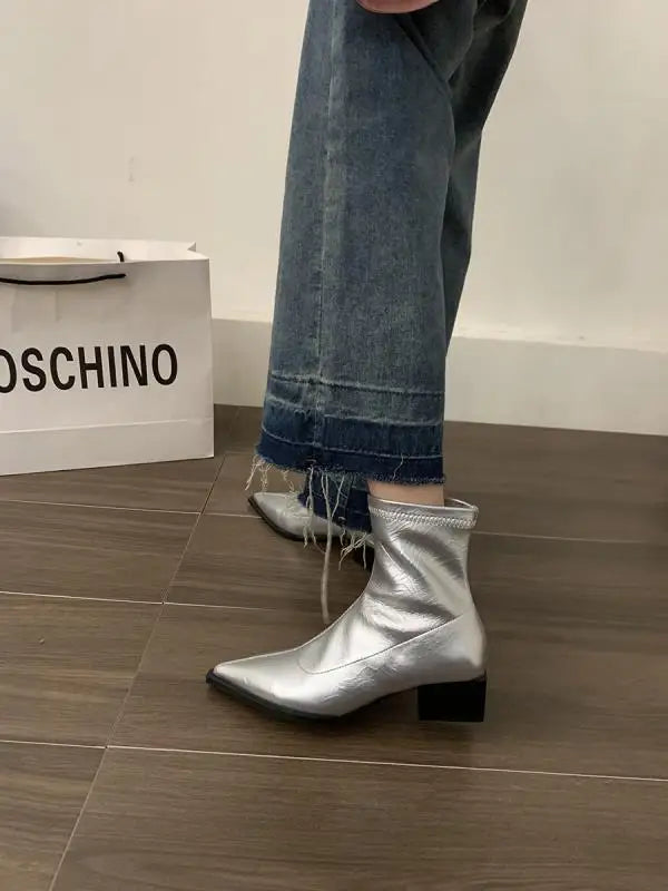 Boots Women New Shoes Luxury Designer silver  Ankle Fashion Pointy Med Ladies Rubber Autumn Rome Hoof Heels Flock Solid Sli
