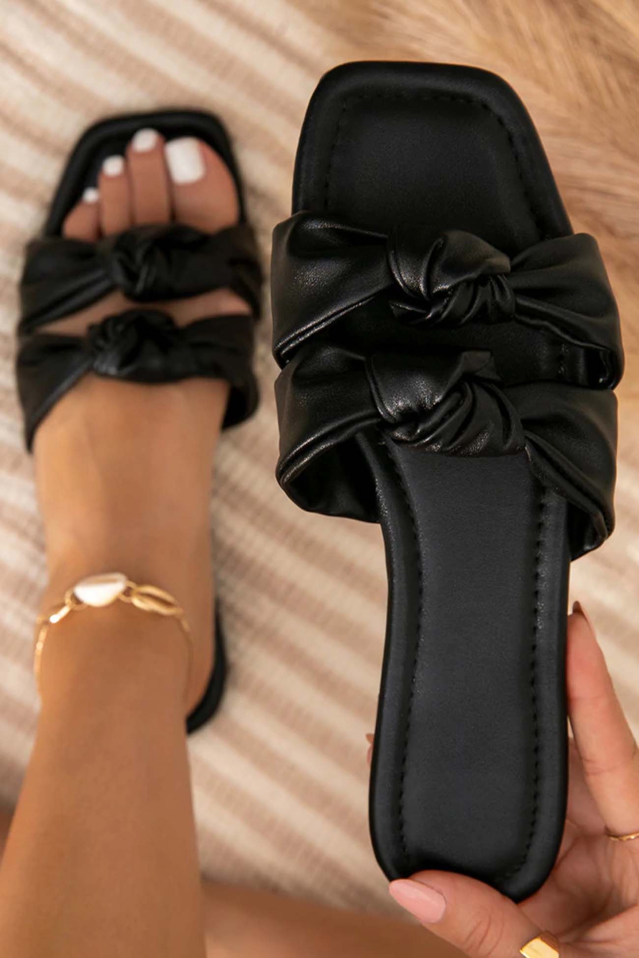 New Fashion Spring Outfit Square Toe Double Knot Strap Flat Sandals