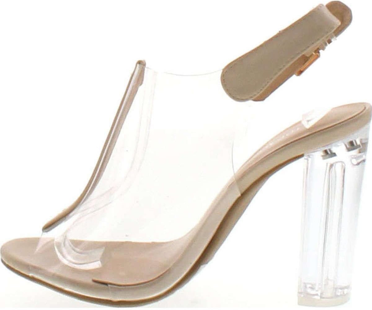 Beige Clear Lucite Ankle Strap Peep Toe Chunky Clear Heel Sandal