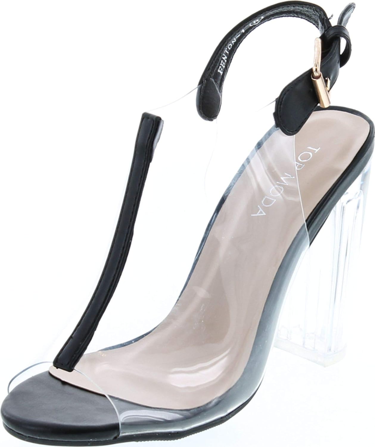 Beige Clear Lucite Ankle Strap Peep Toe Chunky Clear Heel Sandal