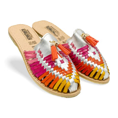 Handmade Leather Flat Red/Silver Tassel Sandals