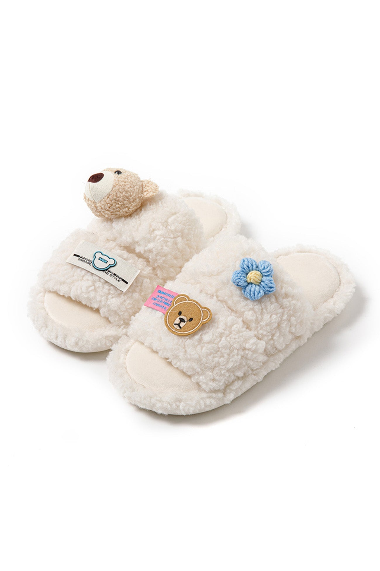 New Fashion Spring Outfit Cute Bear Flower Slip-on Fuzzy Slippers