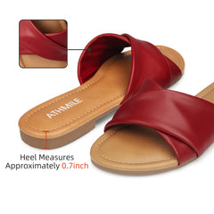 Wine Red Casual Leather Summer Flat Sandals