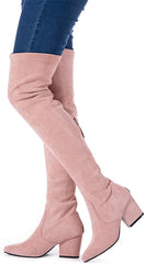 Winter Pink Suede Over Knee Chunky Heel Boots