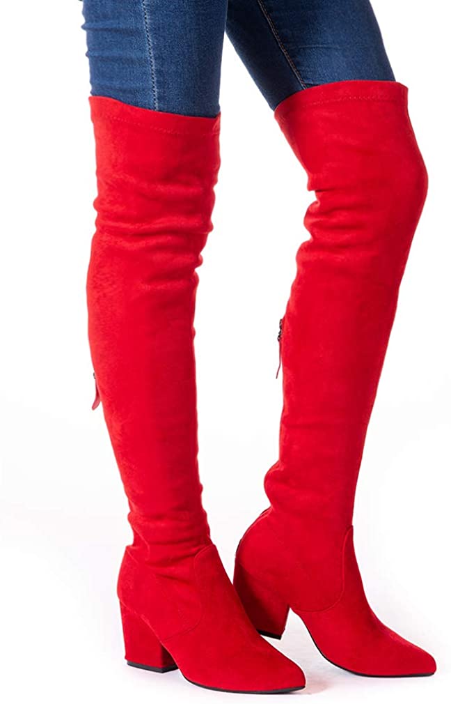 Winter Red Suede Over Knee Chunky Heel Boots