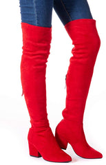 Winter Red Suede Over Knee Chunky Heel Boots