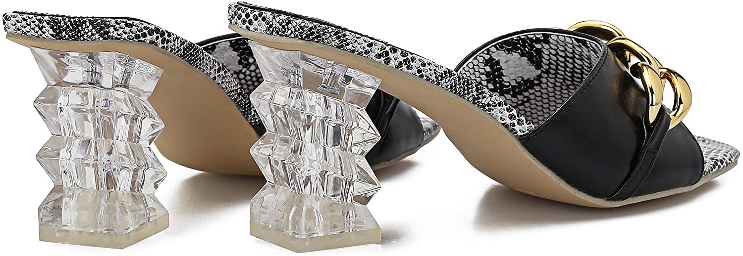 Chain Detail Black Square Toe Lucite Chunky Heel Sandals