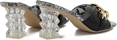 Chain Detail Black Square Toe Lucite Chunky Heel Sandals