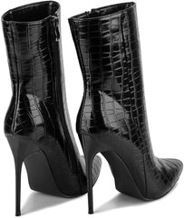 Fashion Patent Leather PU Stiletto Side Zipper Pointed Toe Black Ankle Boots