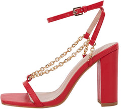 Square Open Toe Red Chain Ankle Strap Sandals
