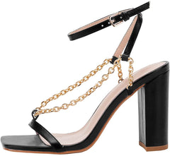 Square Open Toe Black Chain Ankle Strap Sandals