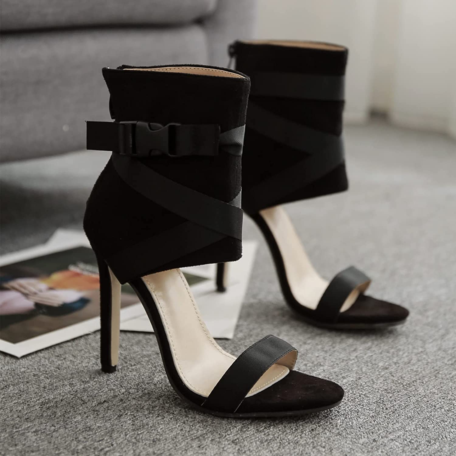 Black Suede Open Toe High Heel Sandal