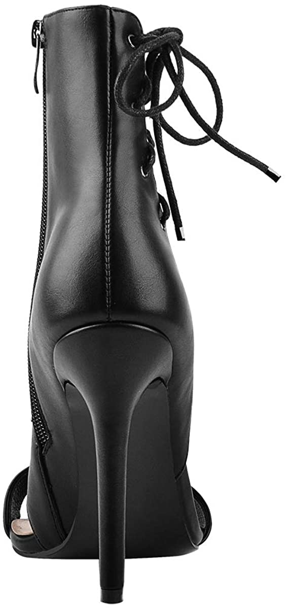 Cutout Lace Up Black Open Toe High Heel Booties