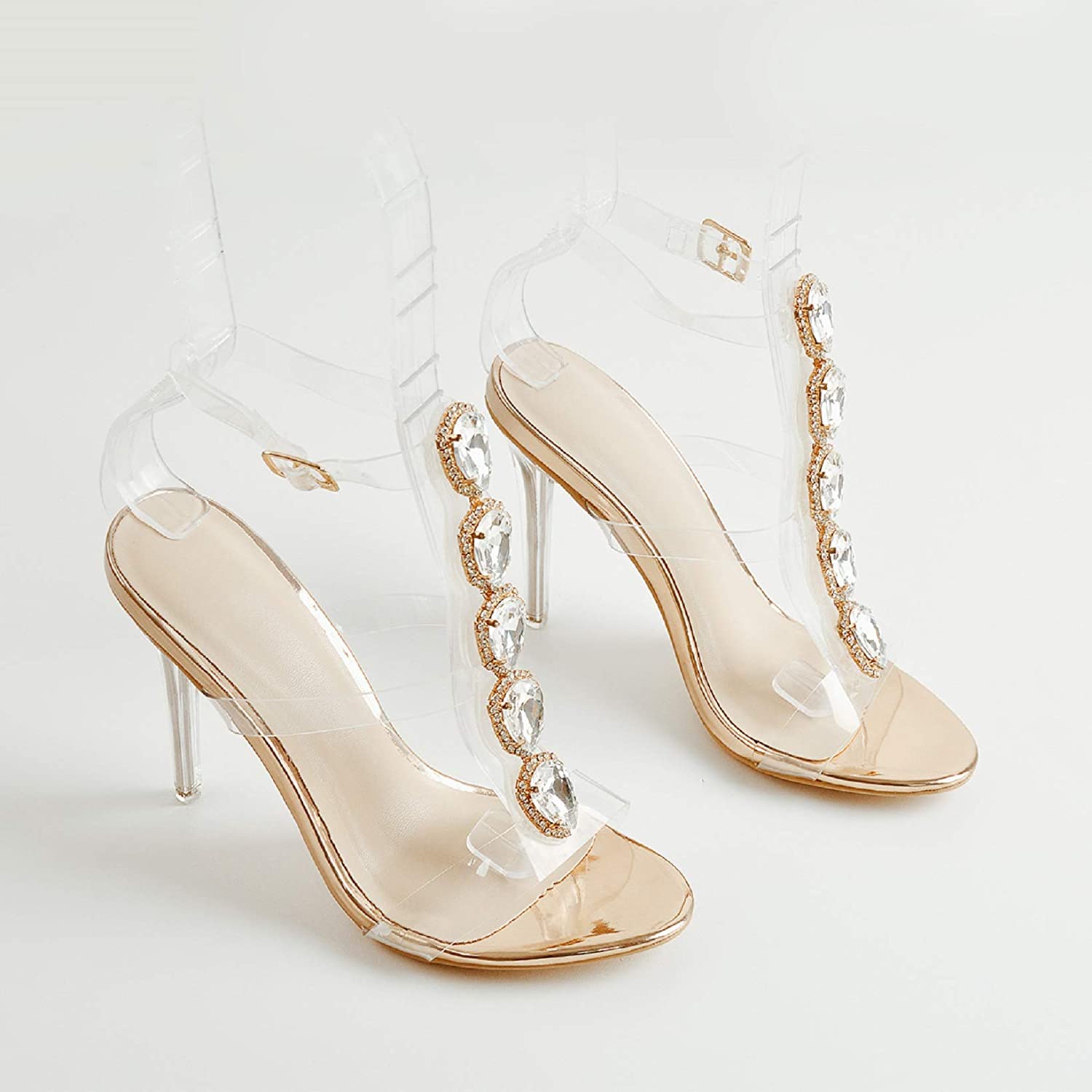 Clear Ankle Strap Rose Gold Rhinestones Gladiator Sandals