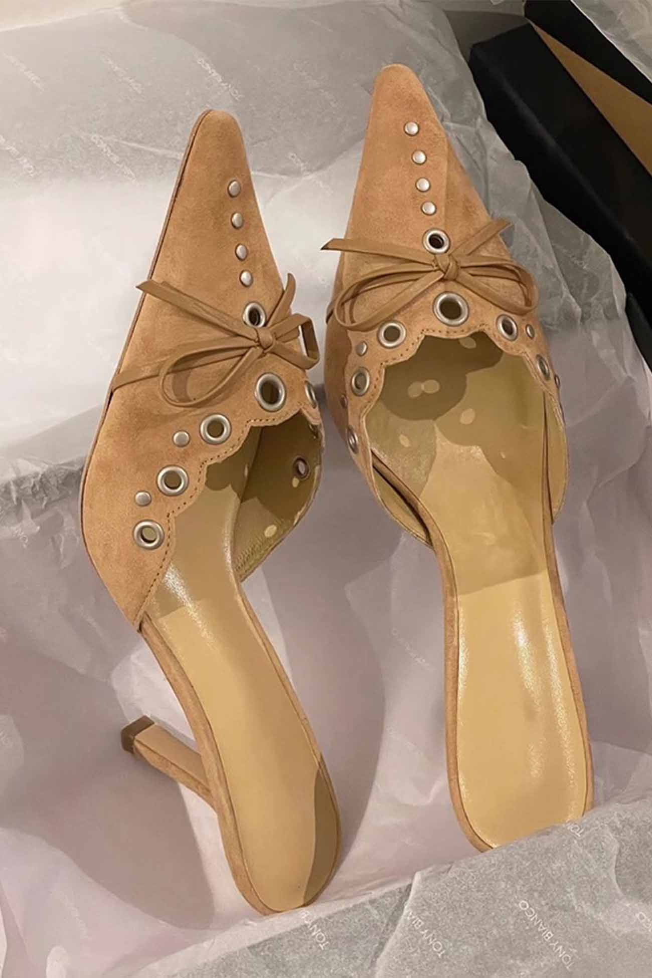 New Fashion Spring Outfit Suede Point Toe Bow Hollow Mule Pumps