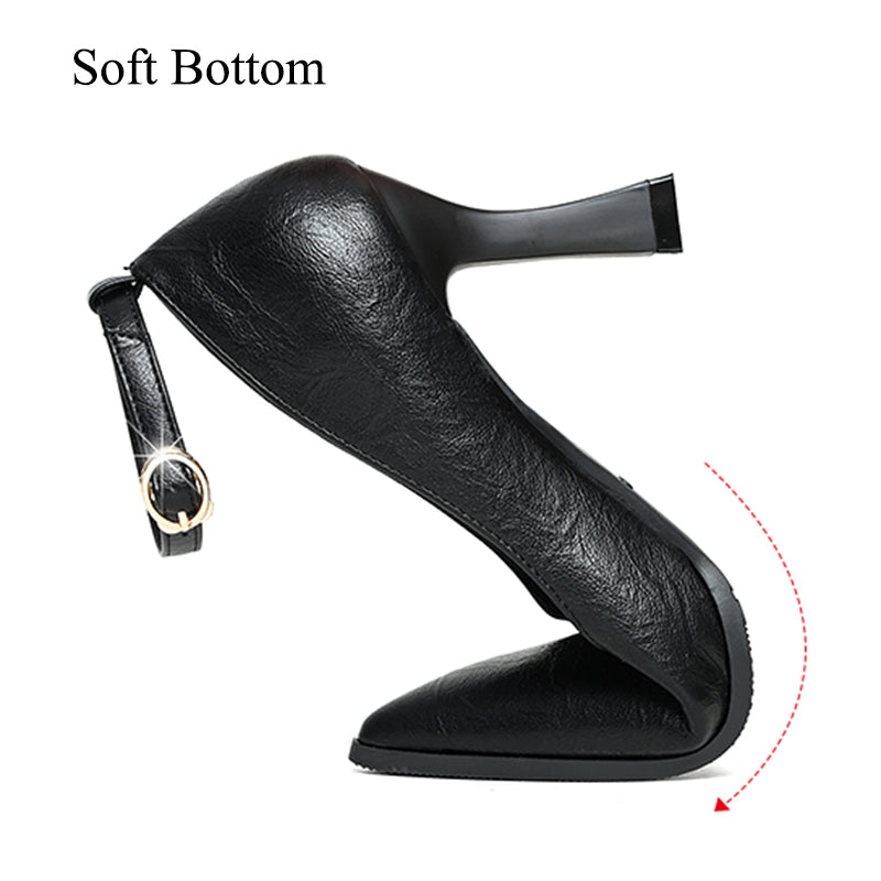 Classic Black Thin Heels Pumps Women Pointed Toe Ankle Strap High Heels Shoes Woman Pu Leather Soft Sole Office Shoes