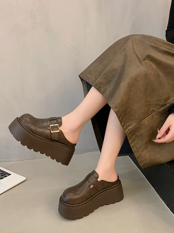 Belt Buckle Round-Toe Split-Joint Loafers Platform Shoes Slippers&Mules