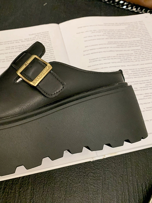 Belt Buckle Round-Toe Split-Joint Loafers Platform Shoes Slippers&Mules
