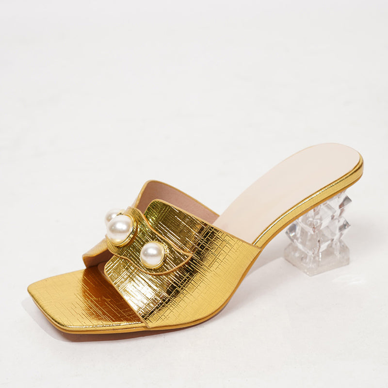 2024 Fashion Chic Transparent Heels Slippers For Women Pearl Leather Square Toe Summer Sandals Female Shoes Mules Slides