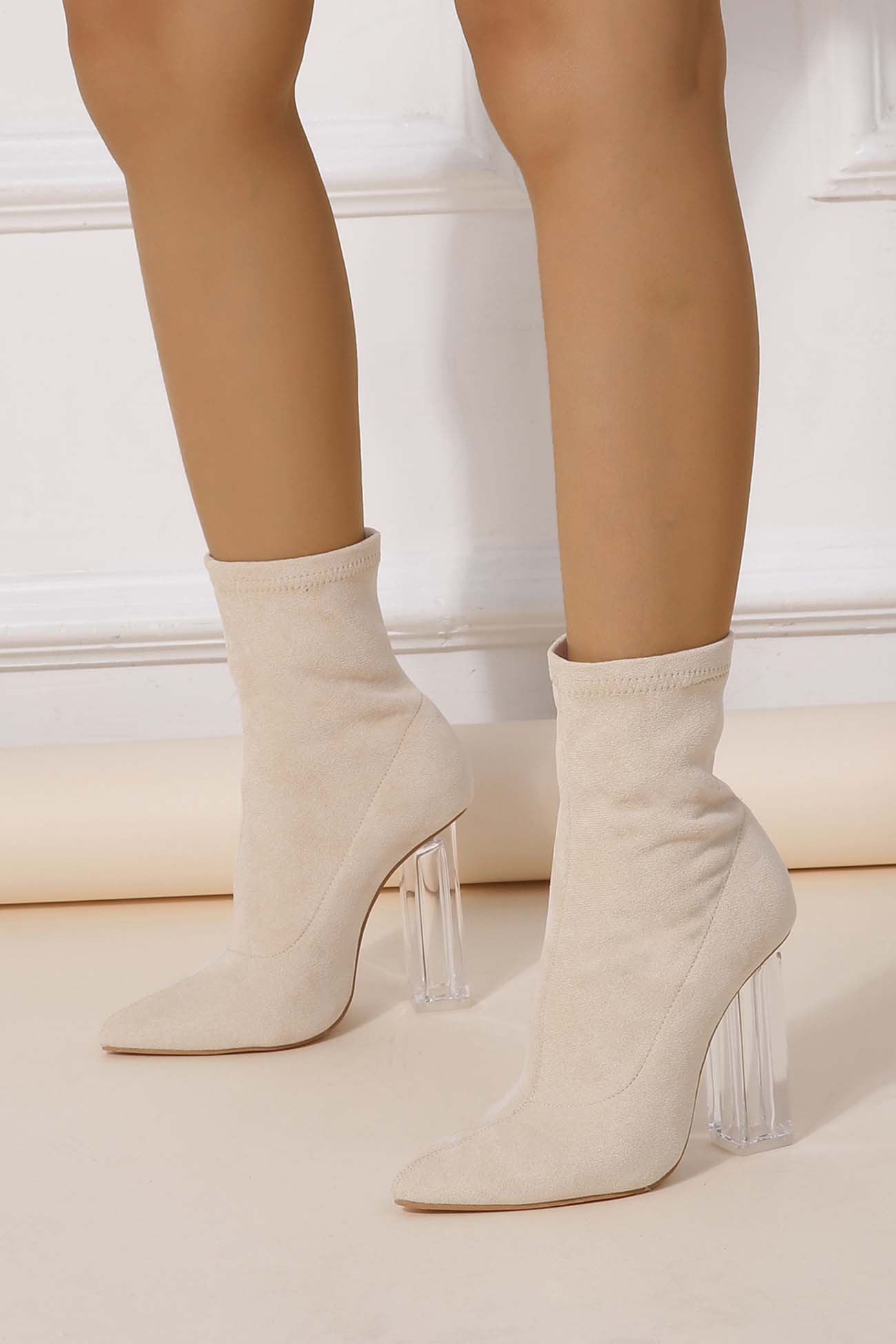 New Fashion Spring Outfit Crystal Heel Stretch Mid Calf Skinny Boots