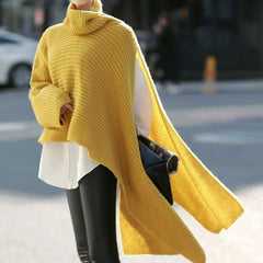 Asymmetric High Low Hem Split Drop Shoulder Funnel Neck Oversized Sweater