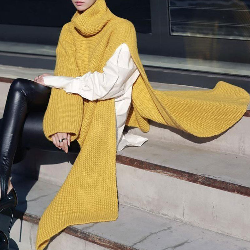 Asymmetric High Low Hem Split Drop Shoulder Funnel Neck Oversized Sweater