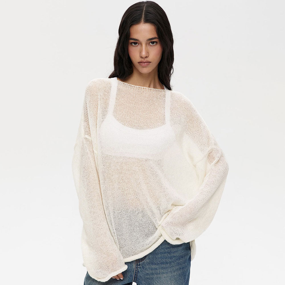 Athflow Roll Trim Crew Neck Drop Shoulder Sheer Knit Oversized Sweater