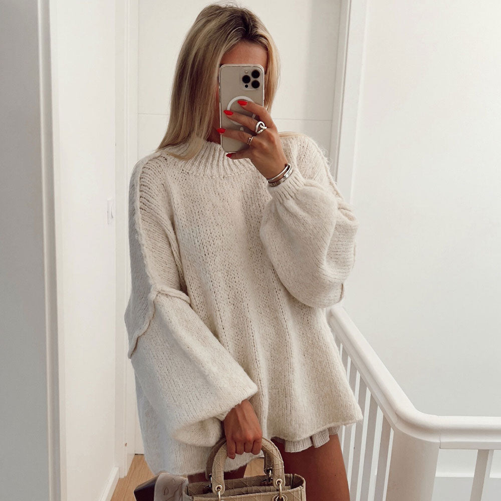 Athflow Style Rib Knit High Neck Exposed Seam Bishop Sleeve Oversized Sweater