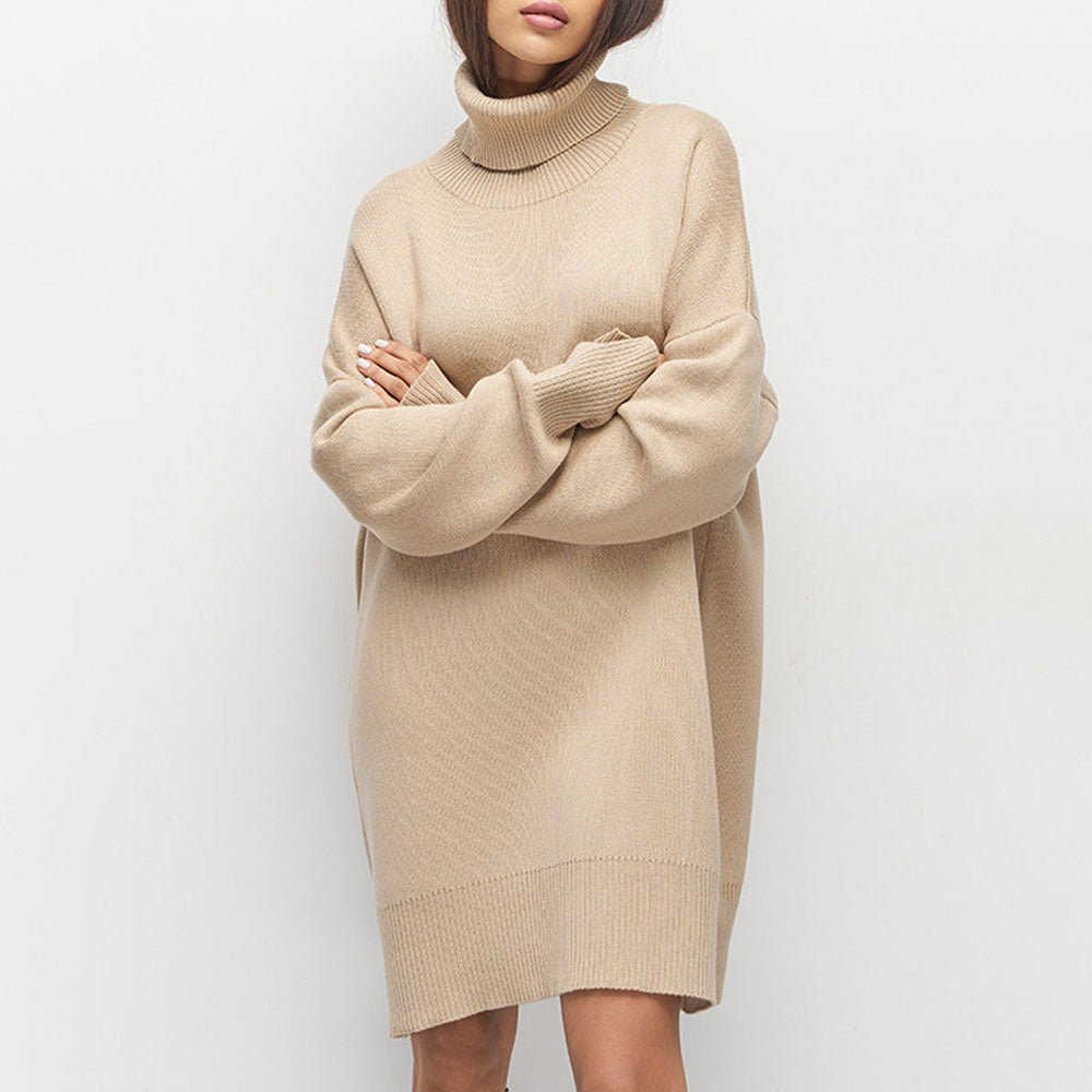 Athletic Monochrome Rib Knit Turtleneck Long Sleeve Oversized Sweater Mini Dress