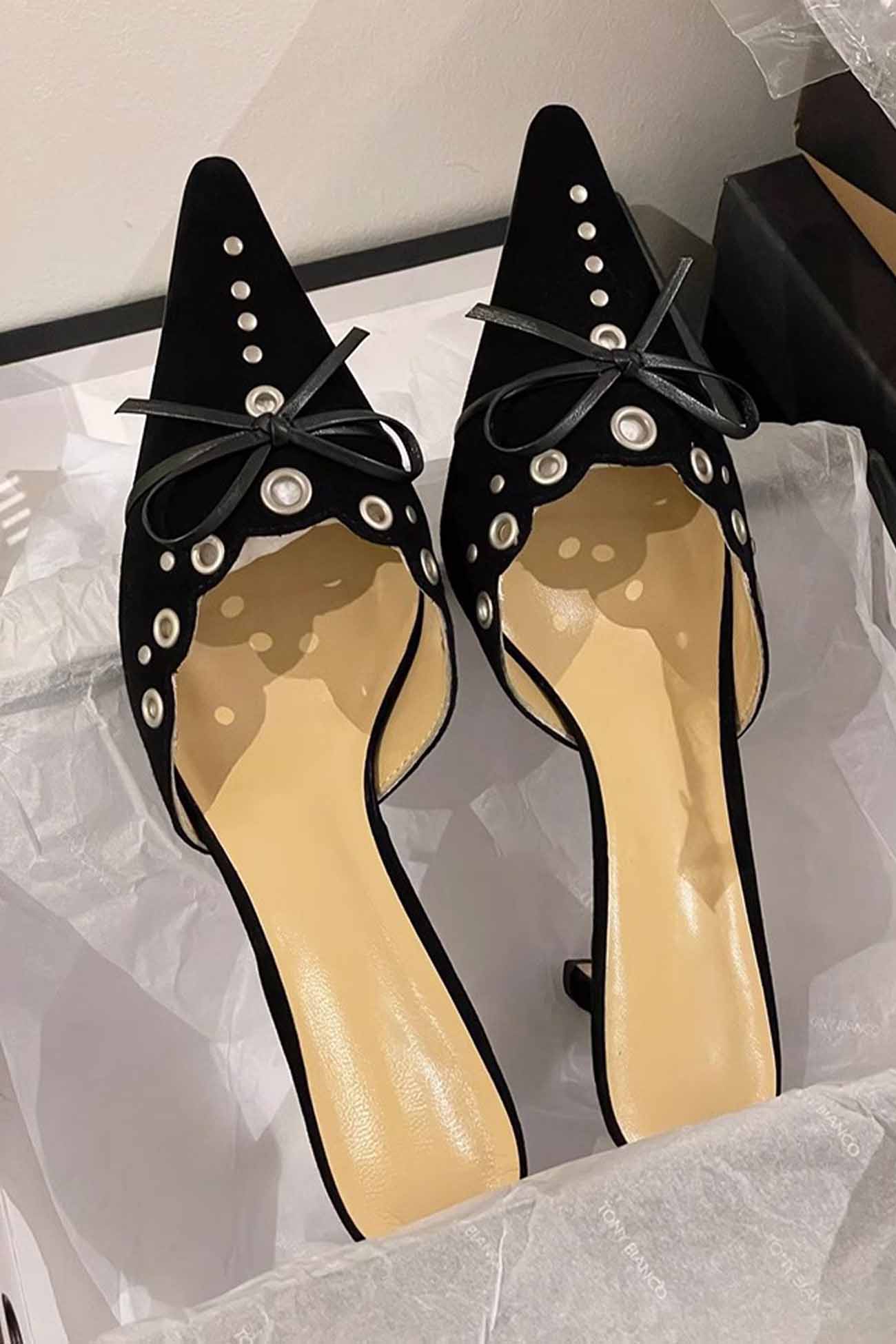 New Fashion Spring Outfit Suede Point Toe Bow Hollow Mule Pumps