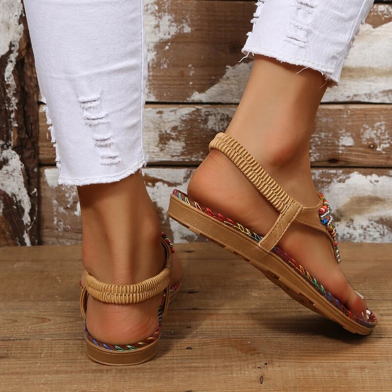 Bohemia Style Clip Toe Sandals Women Summer Flat Heels Gladiator Sandals Woman Plus Size 43 Rome Beach Shoes Flip-Flops