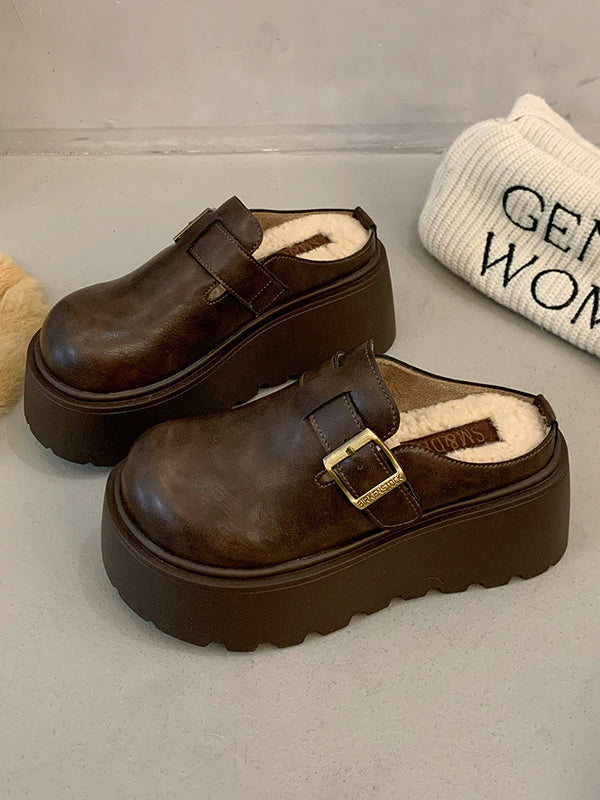 Belt Buckle Round-Toe Split-Joint Loafers Platform Shoes Slippers&Mules