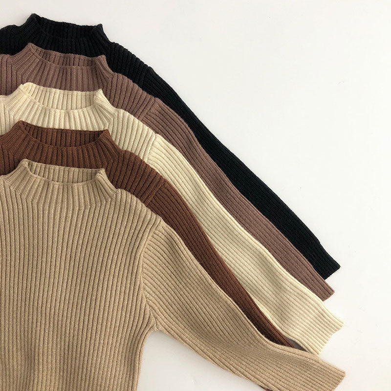 Basic Solid Color Mock Neck Long Sleeve Chunky Ribbed Knit Kids Pullover Sweater