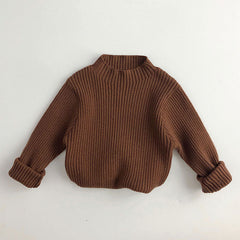 Basic Solid Color Mock Neck Long Sleeve Chunky Ribbed Knit Kids Pullover Sweater