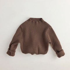 Basic Solid Color Mock Neck Long Sleeve Chunky Ribbed Knit Kids Pullover Sweater