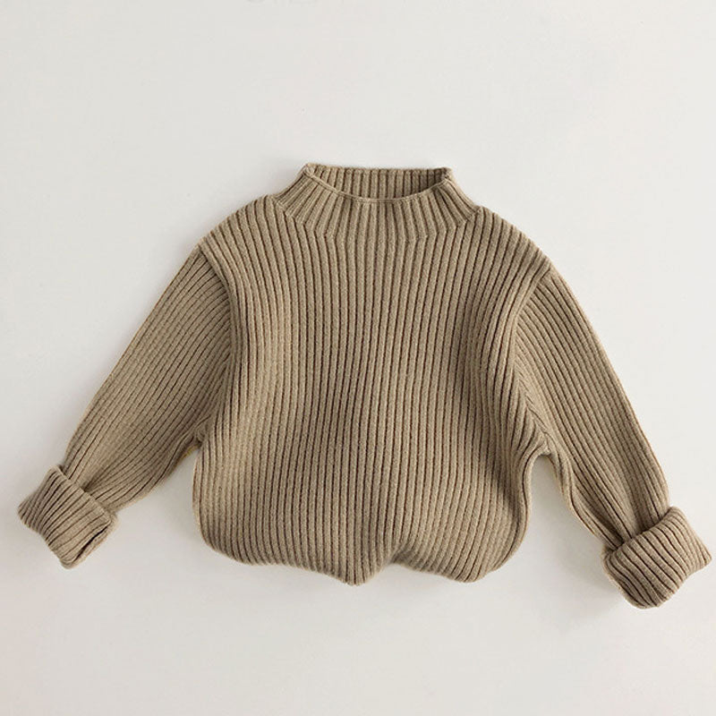 Basic Solid Color Mock Neck Long Sleeve Chunky Ribbed Knit Kids Pullover Sweater