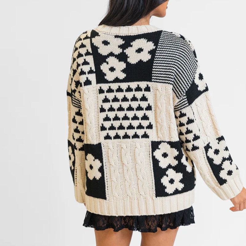 Black and Cream Floral Patchwork Wide Sleeve Fisherman Cable Knit Sweater