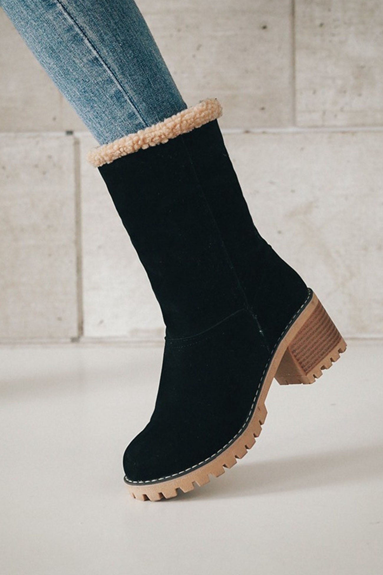 New Fashion Spring Outfit Furry Solid Chunky Ankle Boots