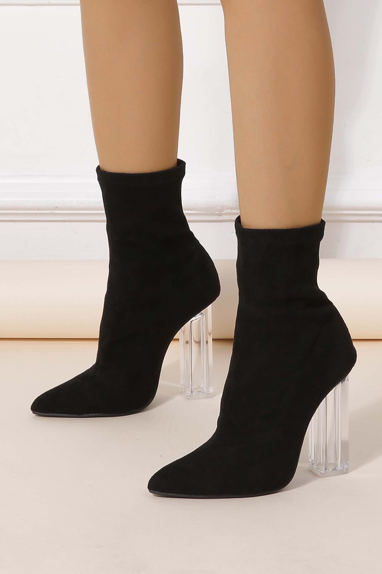 New Fashion Spring Outfit Crystal Heel Stretch Mid Calf Skinny Boots