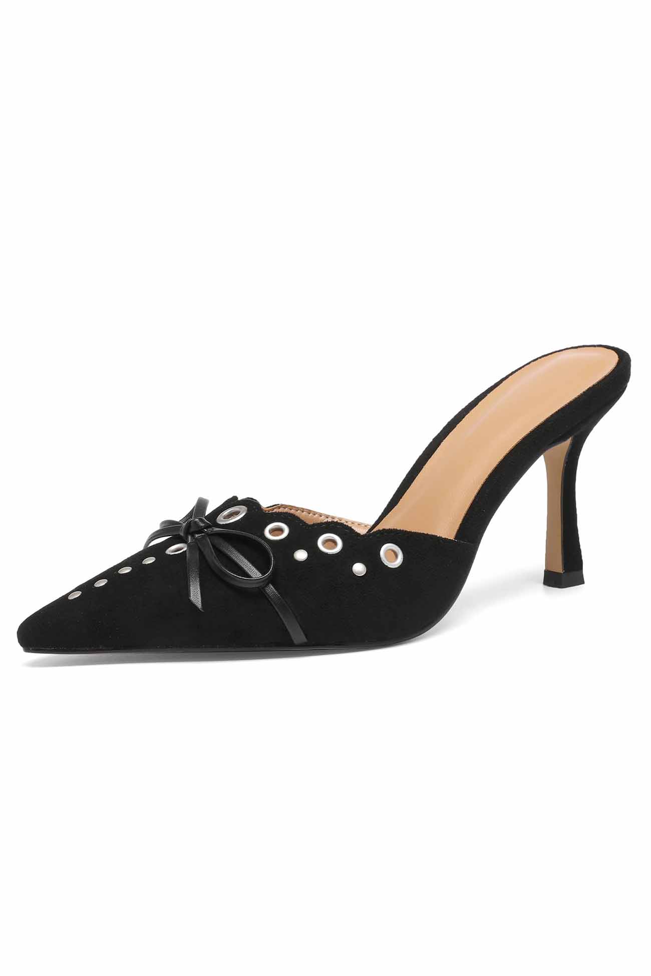 New Fashion Spring Outfit Suede Point Toe Bow Hollow Mule Pumps