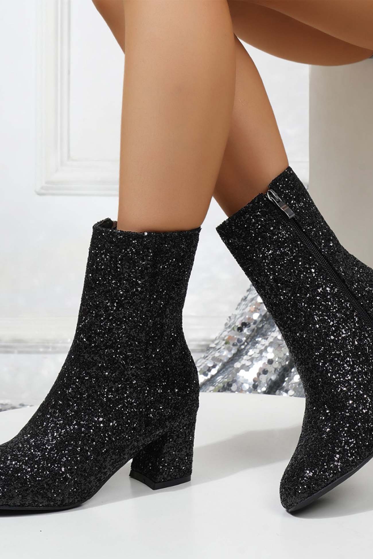 New Fashion Spring Outfit Sequined Block Heels Ankle Heels