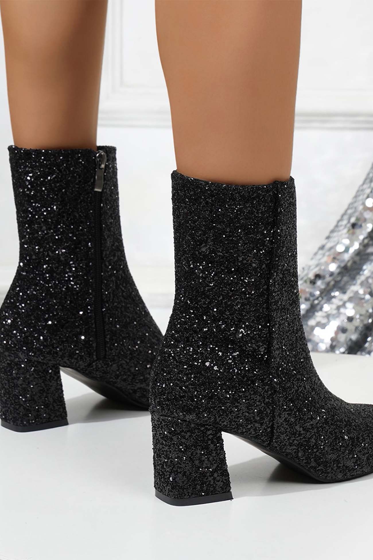 New Fashion Spring Outfit Sequined Block Heels Ankle Heels