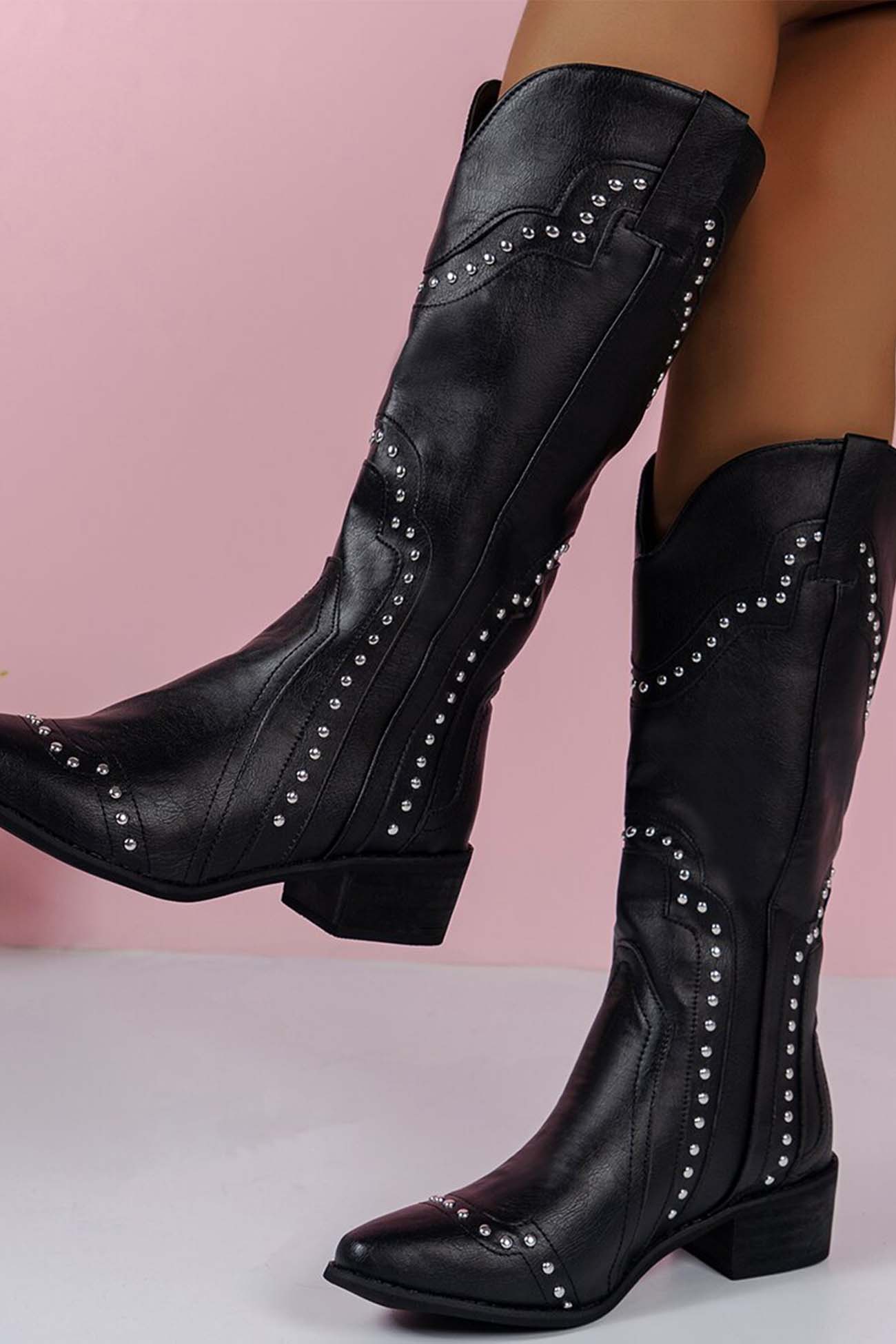 New Fashion Spring Outfit Mid-Calf Studded Western Boots