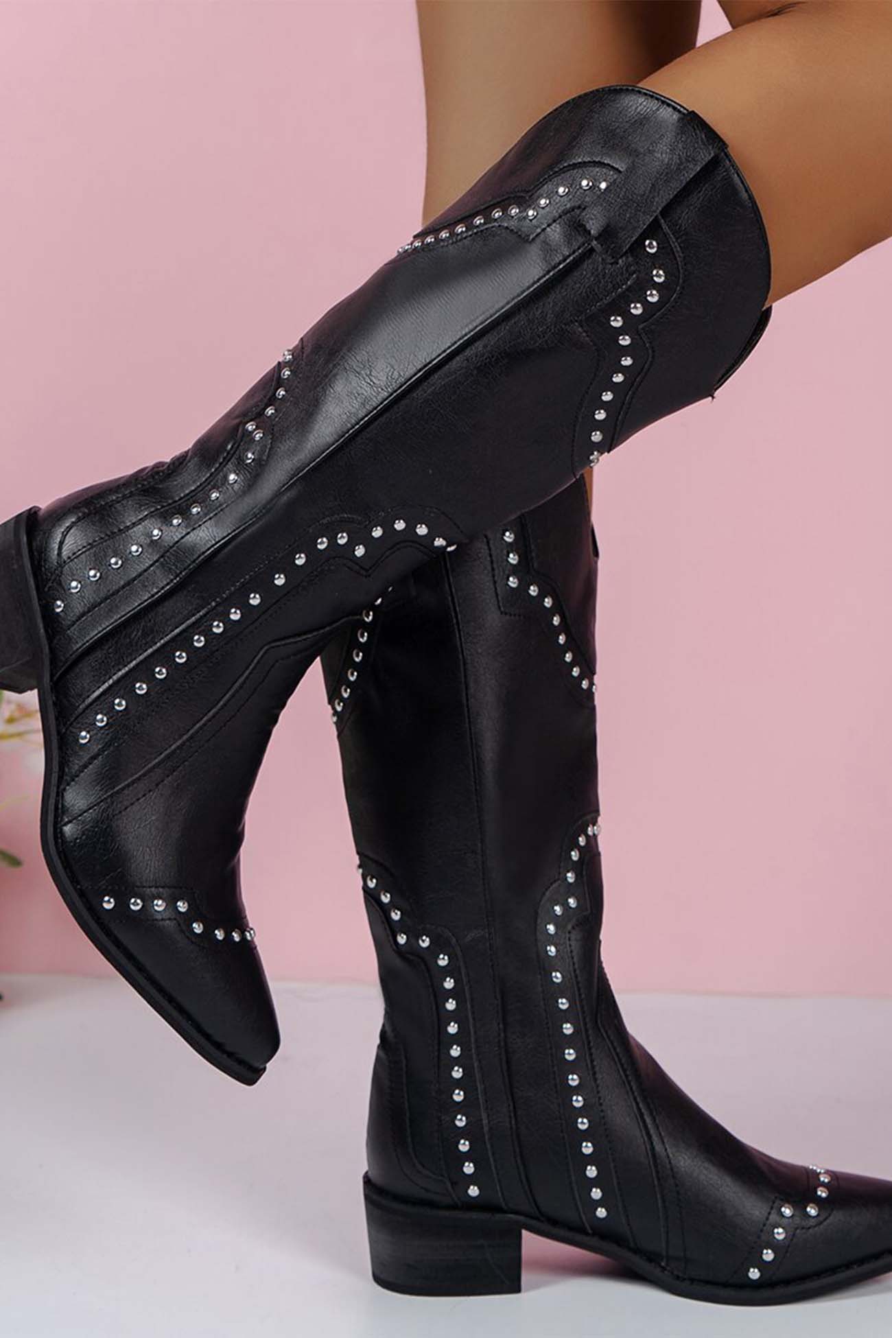New Fashion Spring Outfit Mid-Calf Studded Western Boots