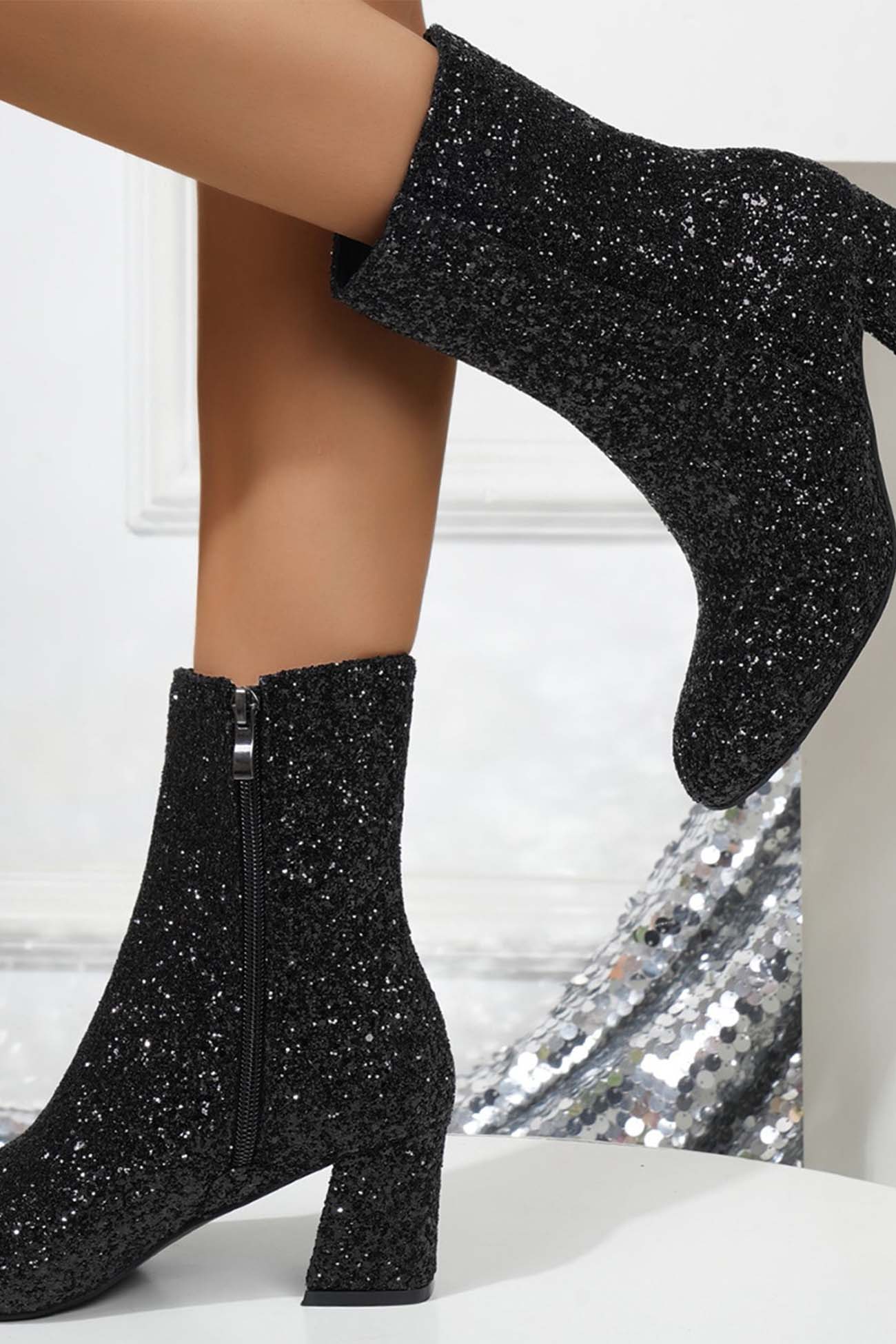 New Fashion Spring Outfit Sequined Block Heels Ankle Heels