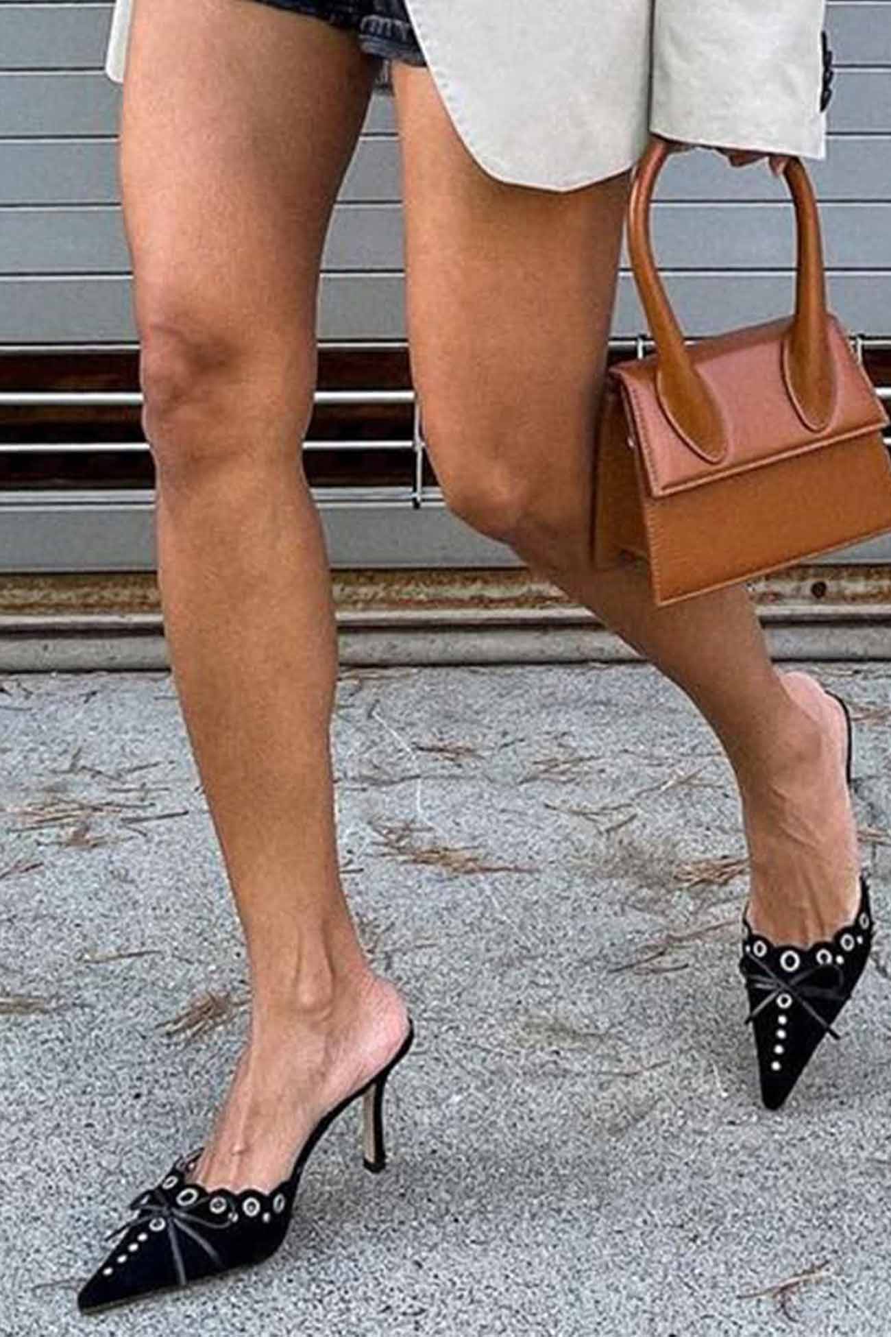 New Fashion Spring Outfit Suede Point Toe Bow Hollow Mule Pumps