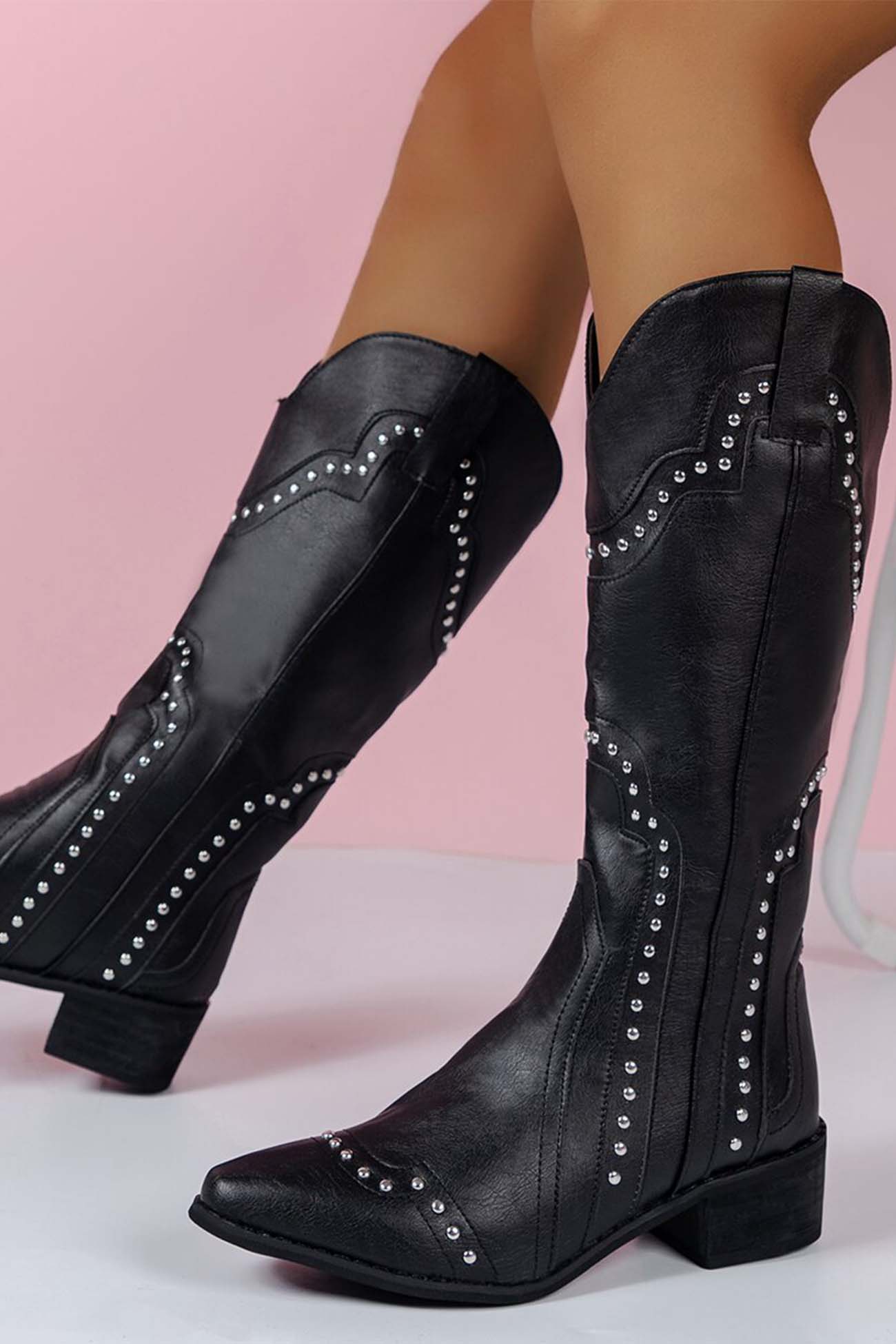New Fashion Spring Outfit Mid-Calf Studded Western Boots